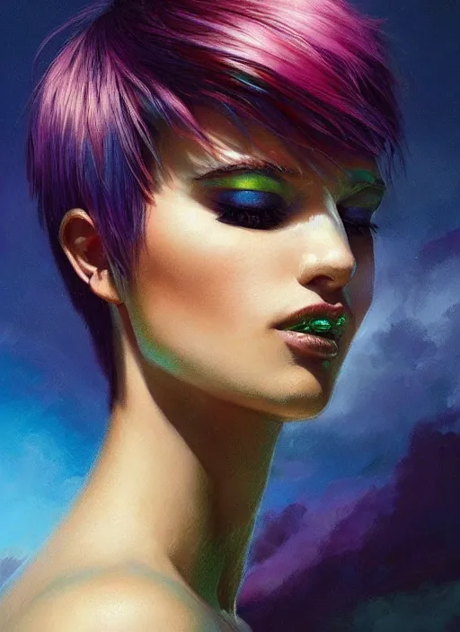 Image similar to girl with rainbow hair, pixie haircut, beautiful highly detailed face, complementary lighting, backlit, black eyeshadow, lipstick, divine, dramatic lighting, landscape background, beautiful painting by artgerm and greg rutkowski and raymond swanland