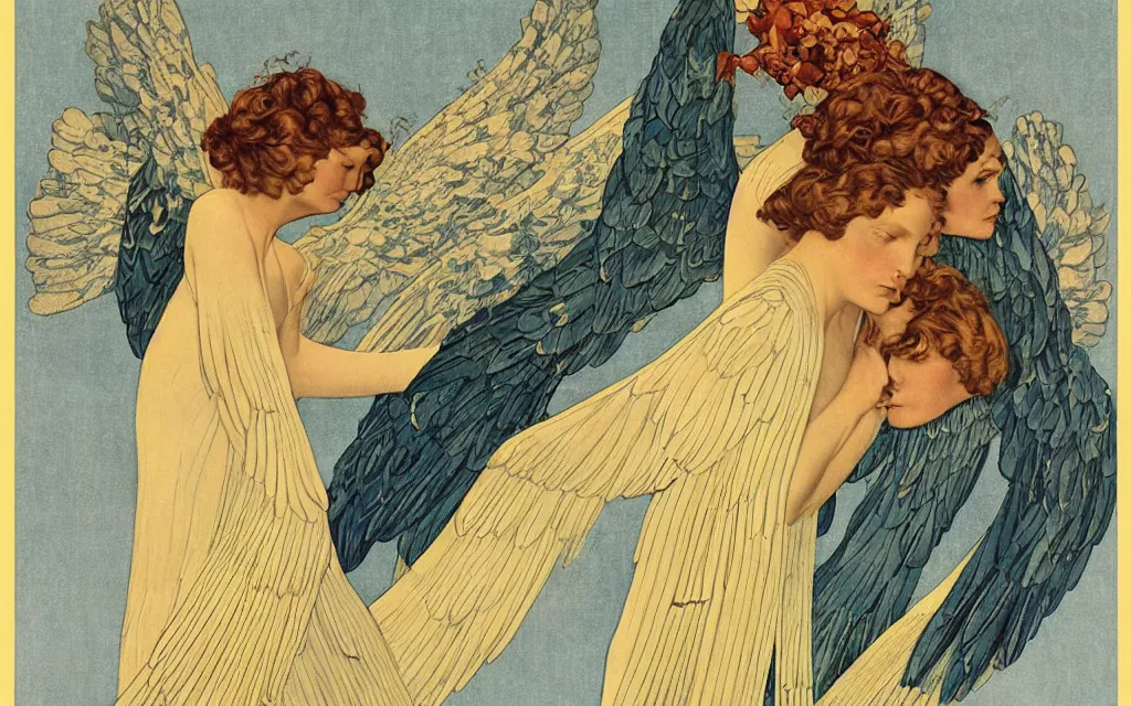 Prompt: vision of angels with a broken wing, trying to fly by coles phillips and carlos schwabe, style of hygge