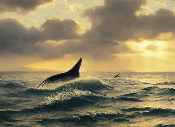 Image similar to oil painting of whale roaming the ocean in dawn by anders zorn, wonderful art by greg rutkowski, incredible lighting, shadows, beautiful cinematic light, american romanticism by greg manchess, tall rocky mountains and storm clouds, sun rays, sunshine, bright sunny summer day, tall backlit waves, wild water, reflections