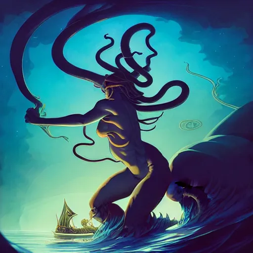 Image similar to in the style of Steve Niles, Joshua Middleton, Peter Mohrbacher and artgerm, Chtulhu rising from the water staring at a boat, Lovecraftian, ocean, night, storm, lighting, terror, horror