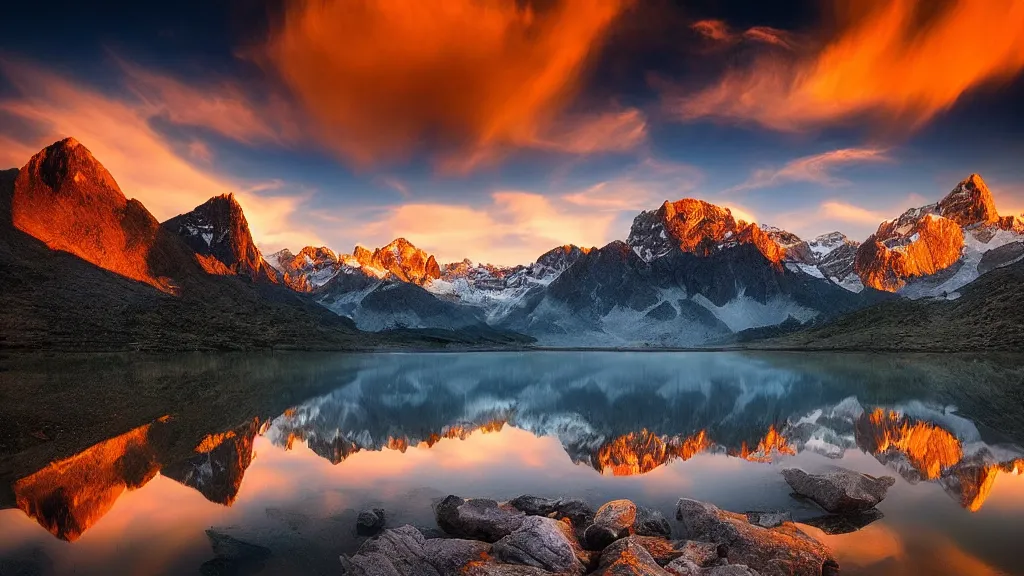 Image similar to amazing landscape photo of mountains with lake in sunset by marc adamus, beautiful dramatic lighting