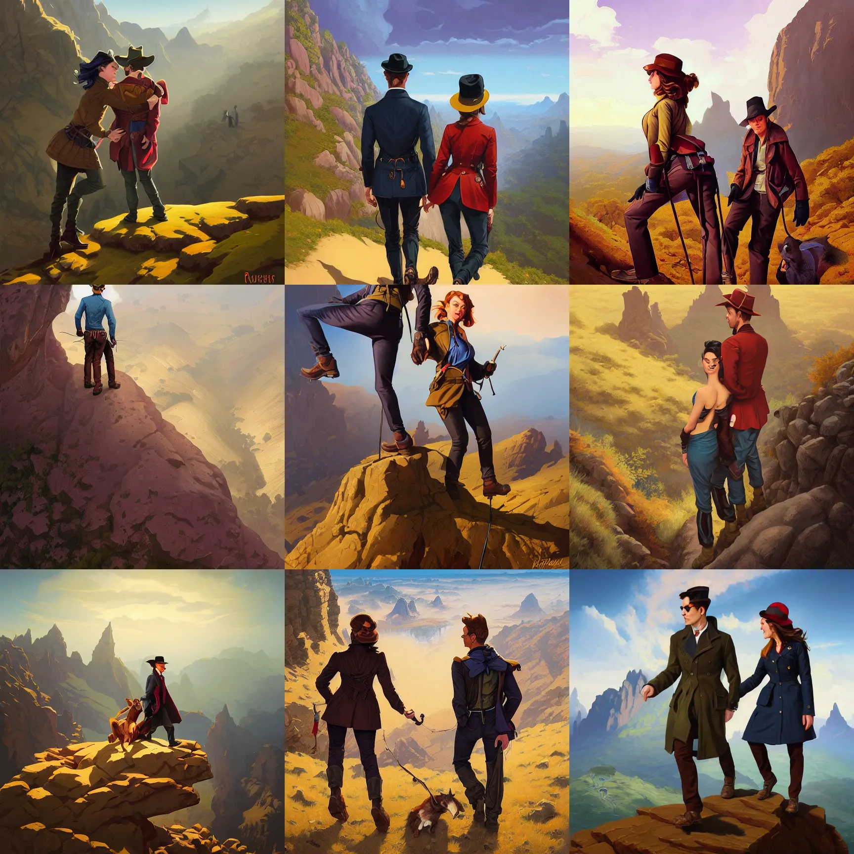 Prompt: coat jodhpurs couple hiking, extreme view angle, pinup, pulp art, deep focus, turnaround, pulp art, fantasy, intricate, elegant, highly detailed, digital painting, artstation, concept art, matte, sharp focus, illustration, hearthstone, art by rhads and artgerm and greg rutkowski and alphonse mucha.