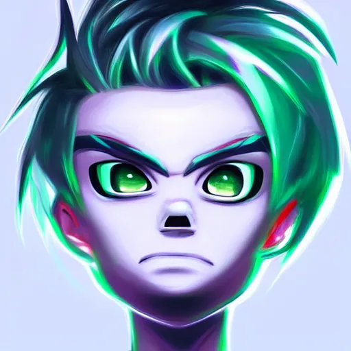 Prompt: danny phantom white hair glowing green eyes sharp teeth pointed fangs cute detailed photorealistic fanart trending on tumblr, Ross Tran,