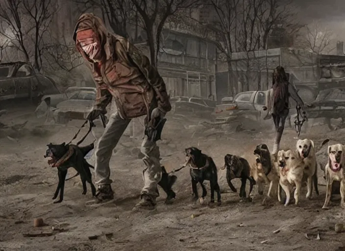 Image similar to A scene from a post-apocalyptic world where the only survivors are dogs