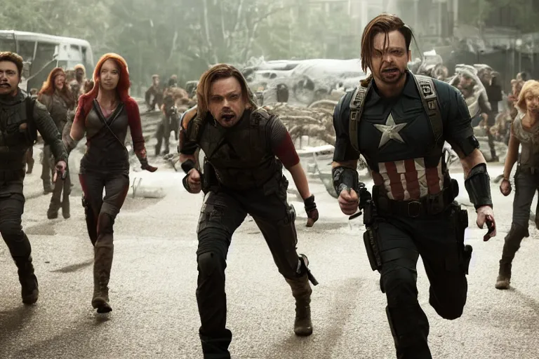 Image similar to film still of Bucky Barnes fighting zombies in new avengers movie, 4k