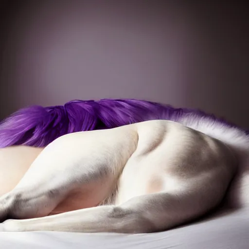 Image similar to boudoir photography of a white mare, purple mane and tail, oversized hindquarters, lying on a white blanket, photography by Annie Leibovitz