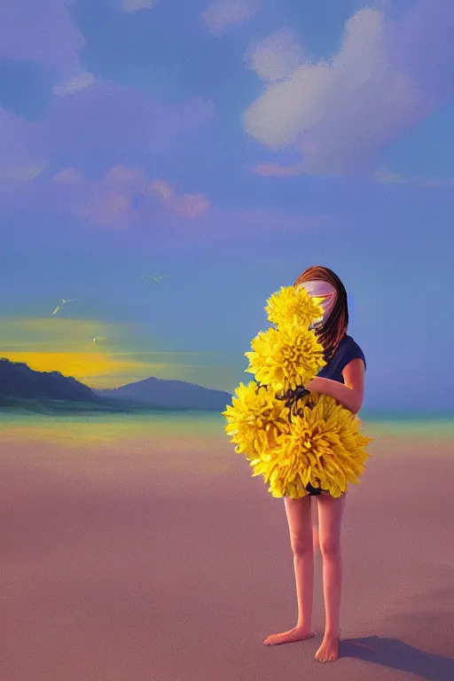 Image similar to closeup girl with huge yellow dahlia flower over face, on beach, surreal photography, blue sky, sunrise, dramatic light, impressionist painting, digital painting, artstation, simon stalenhag