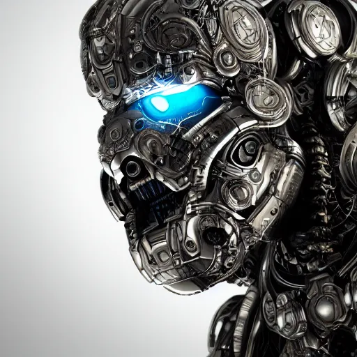 Prompt: Ultra-detailed cinematic render of a macro mecha cyborg face, cyborg eyes, metalic reflection, intricate details, full body, torso, hands, wires, unreal engine, dragon armor, intricate, octane render, high quality, ornate gems, 8k, by takeshi yoshida, volumetric lighting, person centered composition, trending on art station