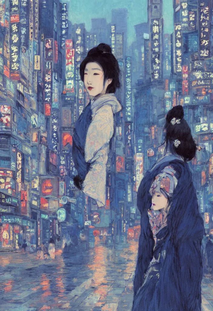 Prompt: geisha in front of shibuya. cyberpunk. beautiful blue sky. gorgeous epic nature, lofi, vivid colors, amazing light, by jeremy lipkin, by claude monet, heavily inspired by makoto shinkai, inspired by ghibli, masterpiece, multiple brush strokes, impressionist style