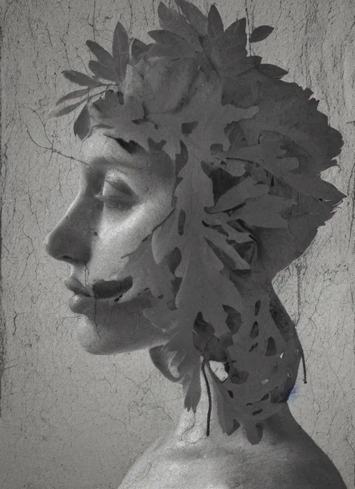 Image similar to a woman's face in profile, made of foliage skeleton, in the style of the Dutch masters and Gregory Crewdson, dark and moody