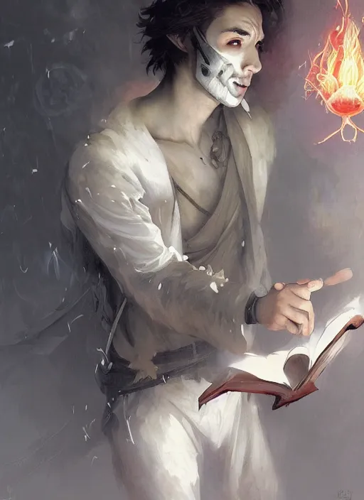 Image similar to character concept portrait of an attractive young focused Spanish wizard with pale red skin and a parital skull mask enchanting a flaming seduction spell, a floating burning spell book in the center, intricate, elegant, digital painting, concept art, smooth, sharp focus, illustration, from Metal Gear, by Ruan Jia and Mandy Jurgens and William-Adolphe Bouguereau, Artgerm