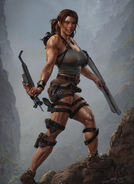 Prompt: muscled Lara Croft grinning as a ruggedly handsome heroine, intricate, elegant, highly detailed, centered, artstation, concept art, smooth, sharp focus, illustration, bokeh art by artgerm and donato giancola and Joseph Christian Leyendecker, WLOP