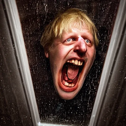 Image similar to photo of the inside of a dark old rainy bedroom window at night, dimly lit creepy | screaming face of boris johnson staring in through the window, bloody hands, horror, scary face, demonic face,