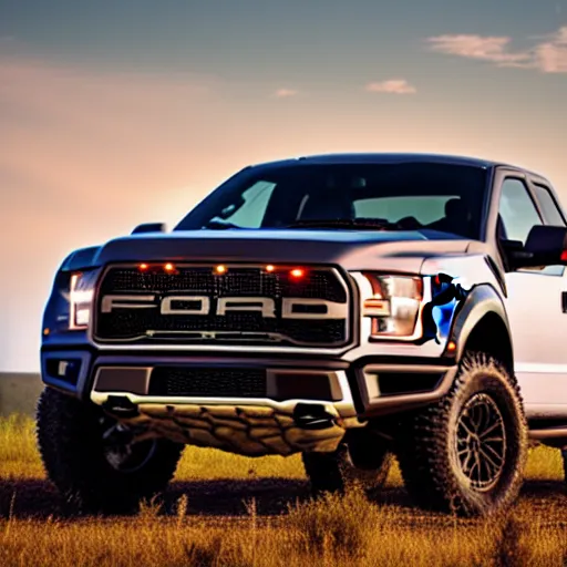 Image similar to a highly detailed photo of a ford raptor in alberta canada at sundown, 4 k high - resolution photograph, ultra detail, hd photo