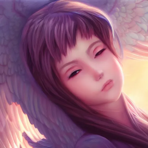 Image similar to an oil painting of a beautiful anime girl with angel wings, by artgerm, hd, hdr, ue 5, ue 6, unreal engine 5, cinematic 4 k wallpaper, 8 k, ultra detailed, high resolution, artstation, award winning