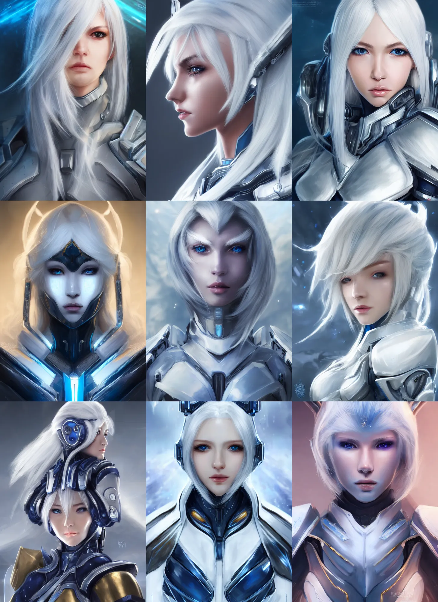 Prompt: detailed portrait of perfect white haired girl, android, warframe armor, beautiful, pretty face, blue cyborg, eyes, innocent, scifi, 4 k, blue, gold, sun yunjoo, ultra realistic, aura of light, cinematic lighting, highly detailed, sharp focus, artstation, masterpiece, art by hyungjin yang