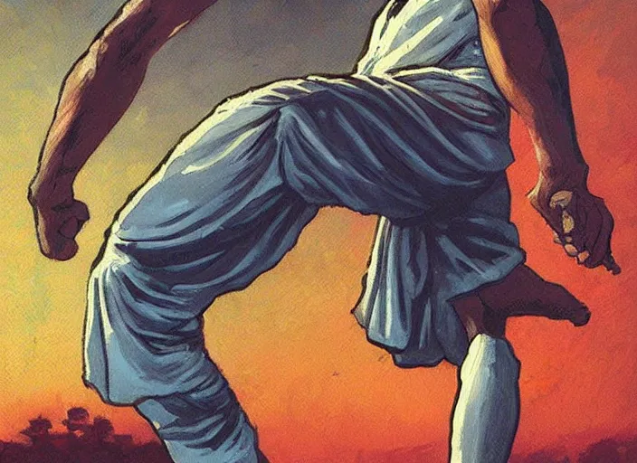 Prompt: Ghandi doing a perfect high kick. Epic painting by James Gurney and (Laurie Greasley). Beautiful lighting.