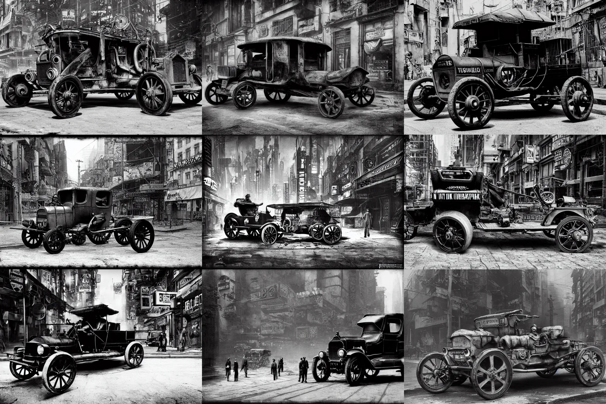 Prompt: cyberpunk 1 9 0 8 model ford t by paul lehr, black and white photo, parked on a street