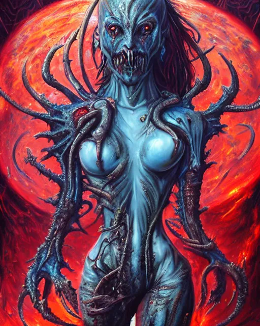 Image similar to charred bloody fleshmetal female cyborg daemonhost psychedelic flamer of tzeentch, by antonio j. manzanedo, giger, alex grey, android jones, wayne barlowe, philippe druillet, raymond swanland, cyril rolando, josephine wall, harumi hironaka, cronenburg, trending on artstation