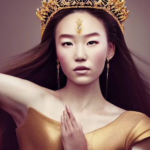 Prompt: beautiful elegant mongolian princess royalty portrait in a sensual pose, she is spreading her wings, face centered portrait, full face makeup, confident, fog, volumetric lighting, beautiful, golden hour, sharp focus, ultra detailed, conceptartworld by leesha hannigan, ross tran, thierry doizon, kai carpenter, ignacio fernandez rios