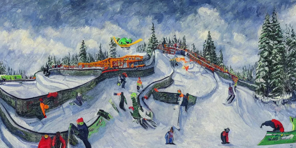 Prompt: pepe the frog snowboarding in terrain park, ramps, half - pipe, gloomy landscape, expressive oil painting by christopher radlund and camille pissaro