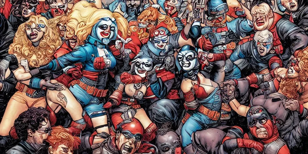 Image similar to Keystone cops fighting Harley Quinn. Epic painting by James Gurney and Laurie Greasley.