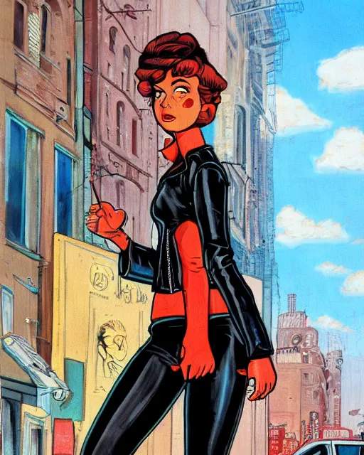 Image similar to young female protagonist in leather jacket, city street, artwork by ralph bakshi