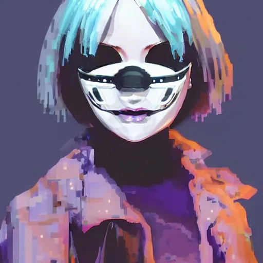 Prompt: portrait of the tokyo-ghoul masked joyful adolescent tiktoker girl Aurora, purple dawn in Santiago of Chile on the background, #pixelart by Yoji Shinkawa, Ryuichi Sakamoto, Esao Andrews and Yoshitaka Amano