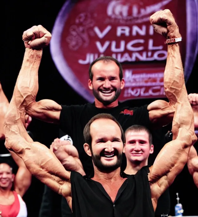 Image similar to Nick Vujicic winning the world bodybuilding championship