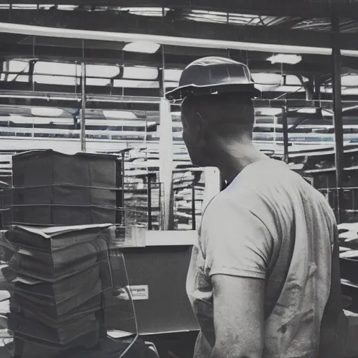 Prompt: a polaroid photo of man doing sort things into sort machines in sortation center warehouse, he's wearing blue cloth and construction hat,, photo from behind, highly details, perfect face shape, cinematic lighting,