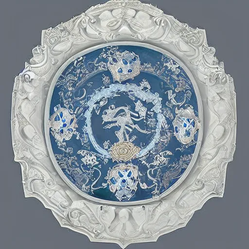 Image similar to A Shield: Clear white texture with artistically executed decorations of peonies foliated scrolls dragons and medallions in white reserve on an opaque mazarine blue ground. Capped with metal