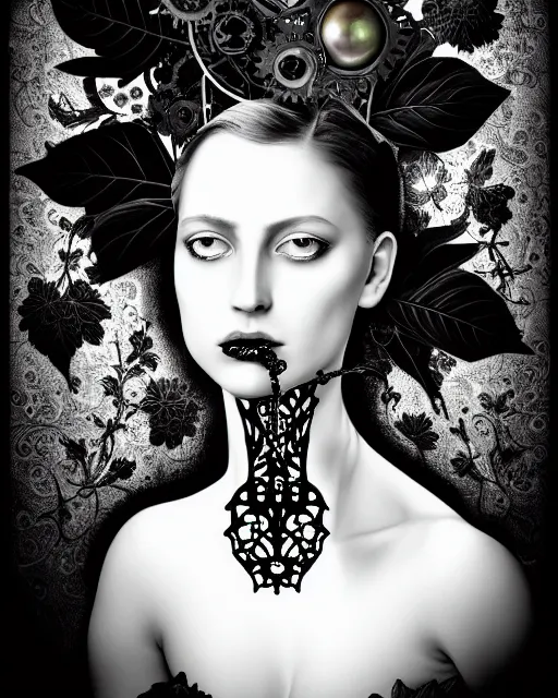 Image similar to black and white masterpiece profile portrait painting with no frame, dutch masters, silver lace floral steampunk biomechanical beautiful one techno eye young female cyborg, big monocular, volumetric light, leaves foliage and stems, hibiscus flowers, by dora maar, rim light, big gothic fashion pearl embroidered collar, 8 k