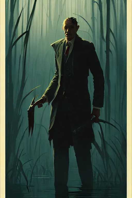 Prompt: greg rutkowski fantasy poster. catfish man in classy attire in a swamp town