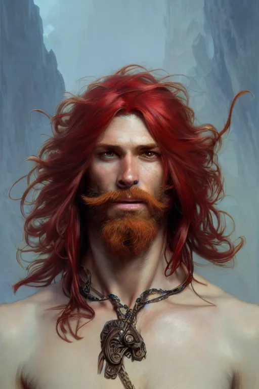 Image similar to portrait of a young ruggedly handsome but joyful pirate, male, masculine, full body, red hair, long hair, fantasy, intricate, elegant, highly detailed, digital painting, artstation, concept art, matte, sharp focus, illustration, art by artgerm and greg rutkowski and alphonse mucha