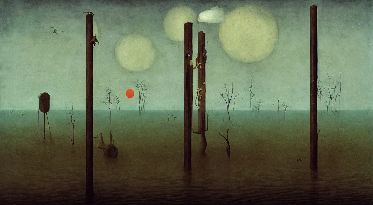 Prompt: single flooded wooden pole, very coherent and colorful high contrast masterpiece by franz sedlacek hieronymus bosch dean ellis simon stalenhag rene magritte gediminas pranckevicius, dark shadows, sunny day, hard lighting