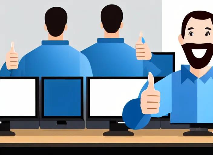 Image similar to A system administrator doing a thumb up to the camera in front on burning servers, servers in flames, happy system administrator doing a thumb up, uncropped, full body