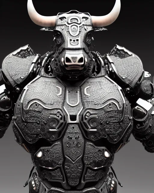 Image similar to a full body shot of an imposing cyborg bull modeled after a bull looking into the camera, contrast lighting, black skin!!!, intricate pattern, hard rubber chest, highly detailed, android, cyborg, full body shot, intricate, 3 d, symmetrical, octane render, fantasy, highly detailed, digital art, artstation, strong bokeh, black face