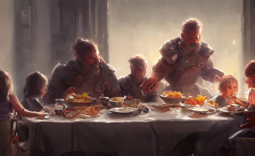 Prompt: high quality high detail painting by jaime jones, family dinner, trending on artstation, hd