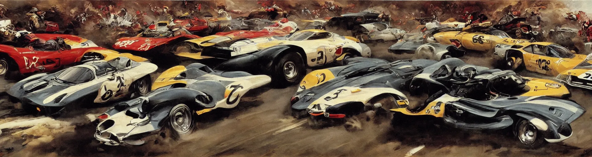 Image similar to a detailed car racing by frank frazetta