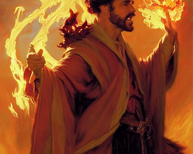 Image similar to attractive male wizard casting powerful fire spell. highly detailed painting by gaston bussiere, craig mullins, j. c. leyendecker 8 k