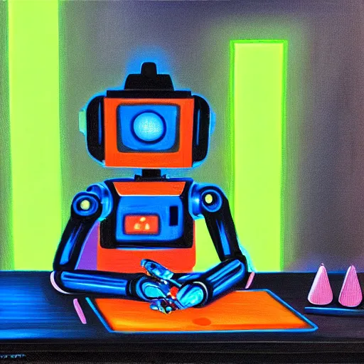 Image similar to a very smart robot playing neon chess sitting at a table, cyberpunk, oil painting
