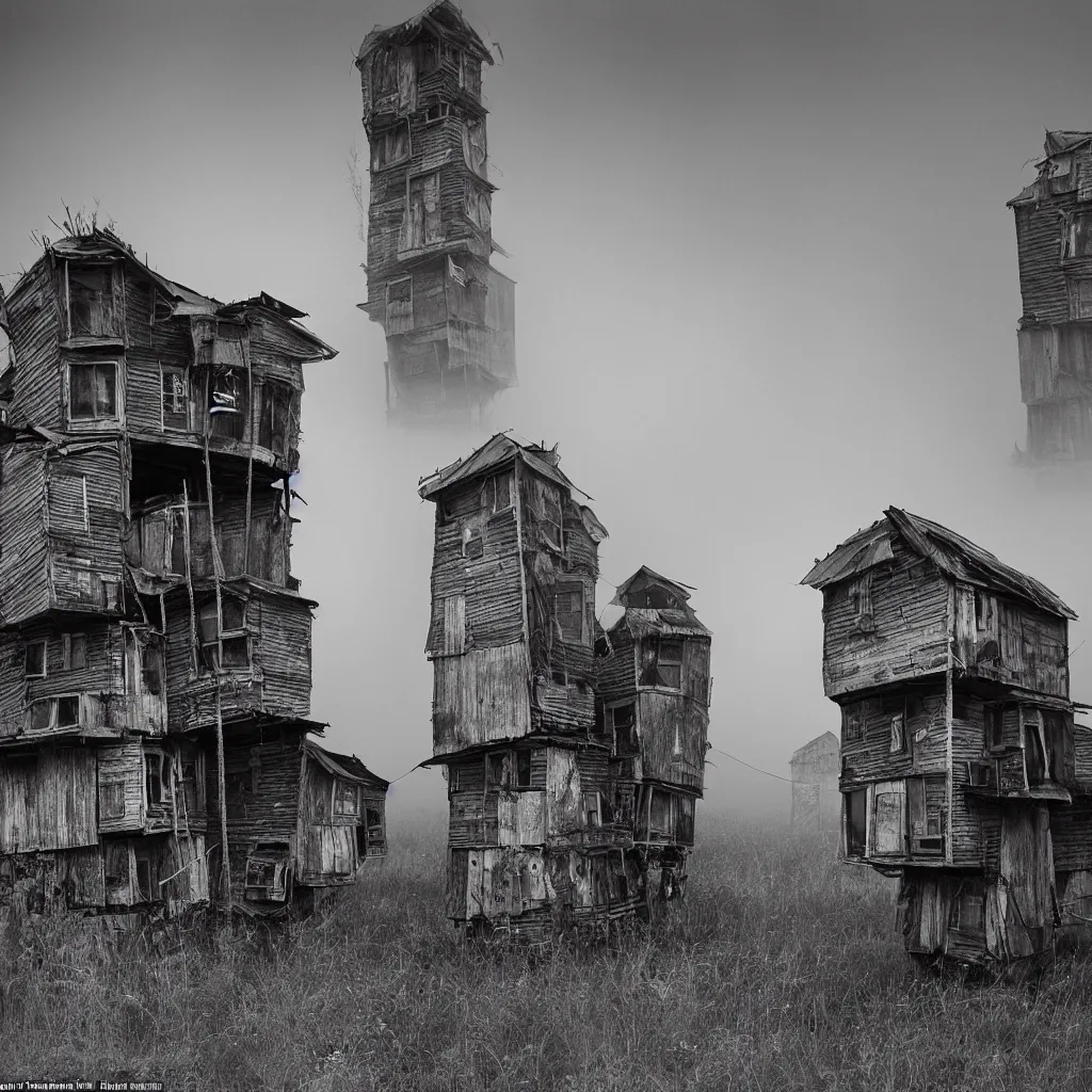 Image similar to two towers, made up of makeshift squatter shacks, misty, dystopia, mamiya rb 6 7, fully frontal view, very detailed, digital glitches, photographed by ansel adams