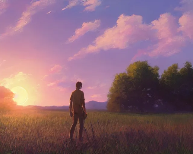 Image similar to a painting of a man standing in a field at sunset, a detailed matte painting by makoto shinkai, cgsociety, neo - primitivism, anamorphic lens flare, matte painting, global illumination