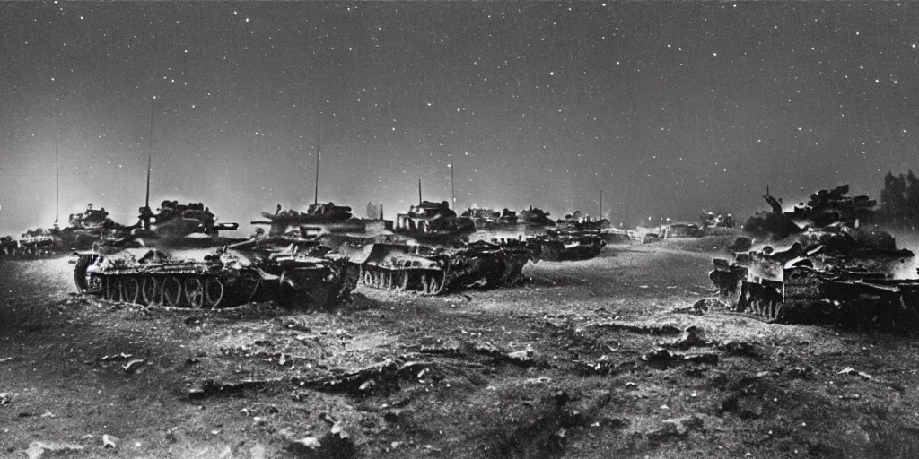 Image similar to a calm WW2 battlefield at night, Eastern Front, stars, wintertime, trenches, wrecked tanks