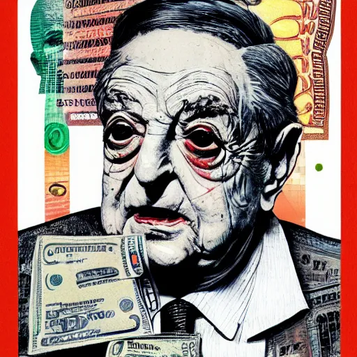 Image similar to George Soros full body shot, dollar bills Body horror, biopunk, by Ralph Steadman, Francis Bacon, Hunter S Thompson