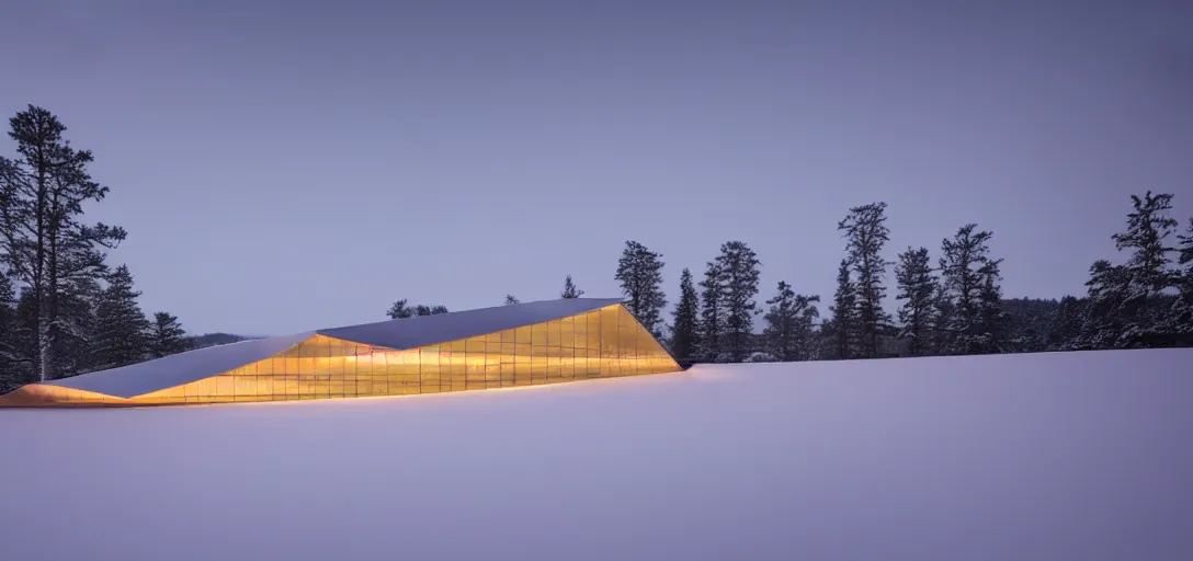 Prompt: faceted roof planes lift and descend creating shade and architectural expression, highly detailed, situated in snow by a highly reflective lake at dusk, vivid color