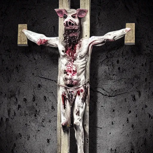 Image similar to a highly detailed realistic photographic render crucified bloody humanoid pig, bloody christ with the head of a pig, dead souls, religious sculpture, creepy, horror, horror scene, cinematic horror, creepy horror, scary scene, cinematic lighting, cinematic scene, Volumetric lighting, Atmospheric scene, Dark, Horror, Atmospheric lighting, Global illumination, realistic, photo realism, hyper realistic, hyper realism, photo realisitc, cinematic render, film, beautifully lit, ray traced, octane 3D render, octane render, unreal engine