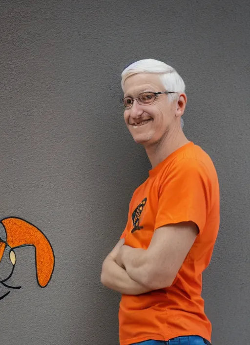 Prompt: a color photograph of an architect with short white hair, wearing an orange T shirt, a brown baseball cap with a bee on it, a lopsided wry smile on his face