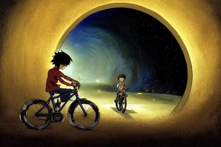 Prompt: a boy riding his bike alone through a tunnel at night sky, high intricate details, rule of thirds, golden ratio, cinematic light, anime style, graphic novel by fiona staples and dustin nguyen, by beaststars and orange, peter elson, alan bean, studio ghibli, makoto shinkai