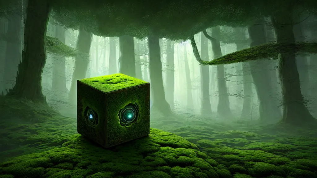 Image similar to a hube alien cube with a strange texture from nanotechnology, forgotten and overgrown with moss, lost in the forest, detailed digital art by greg rutkowski.